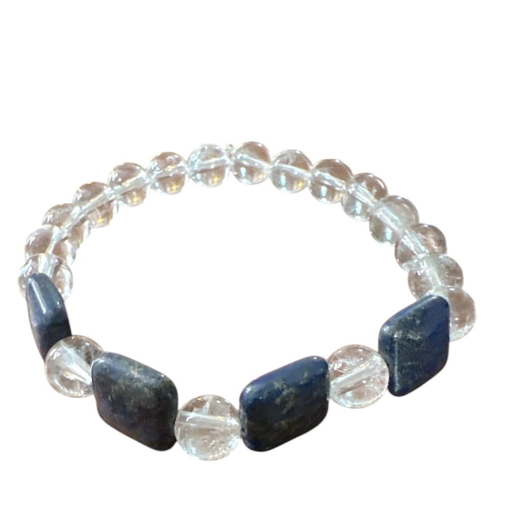 Lapiz Lazuli (blue stone) with Clear Quartz beads. Hand crafted stretch bracelet